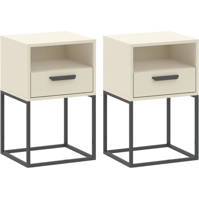 KONSIMO RECTUS Nachtkastje Set van 2 - met lade - met plank - Bijzettafeltjes (2 stuks) - Beige - 40x65x39 cm