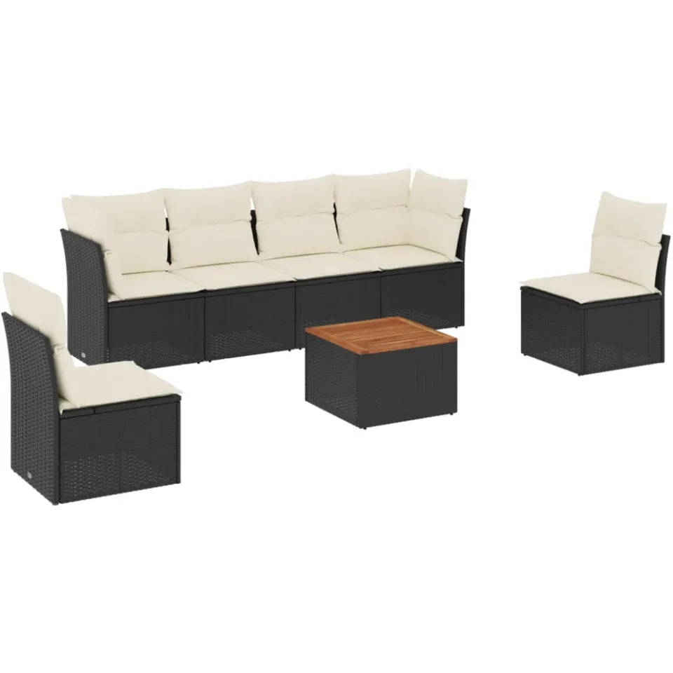 vidaXL 7-delige Loungeset met kussens poly rattan zwart