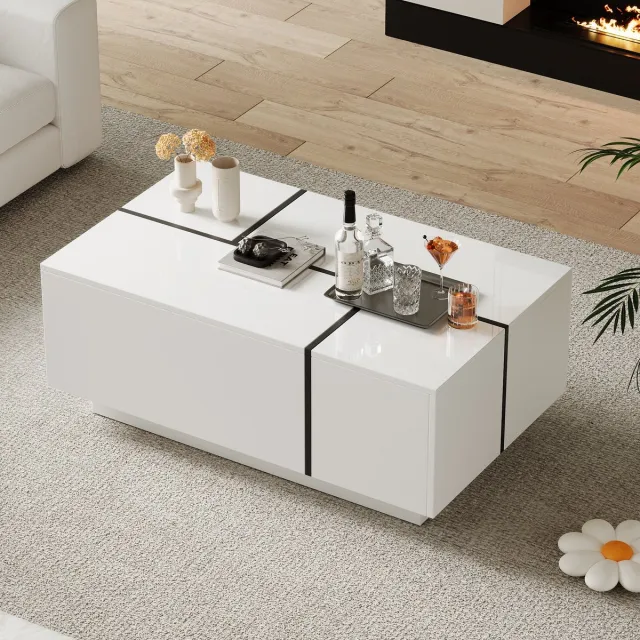 Wishdor Salontafel 100x60x40 cm van spaanplaat, wit met zwart spleis en 4 lades, hoogglans bovenblad, modern design