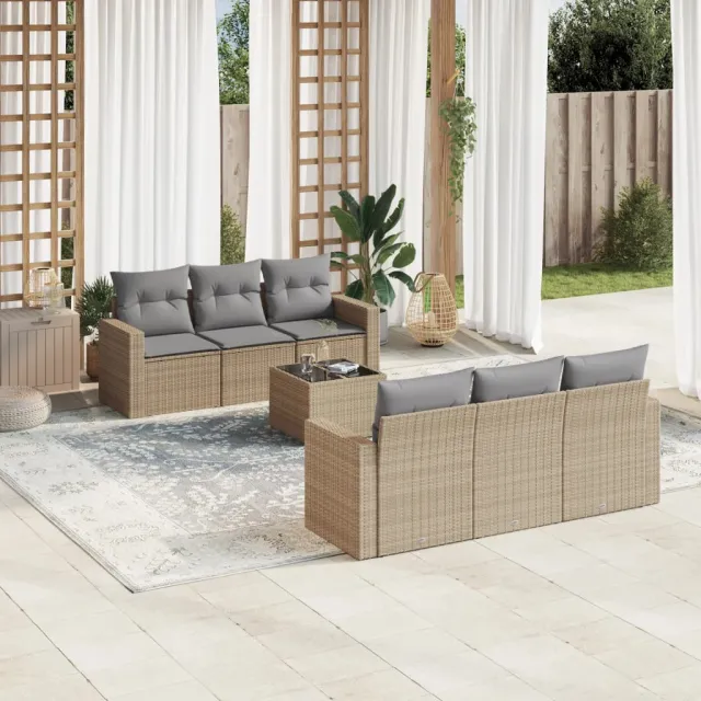 vidaXL 7-delige Loungeset met kussens poly rattan beige, foto 2