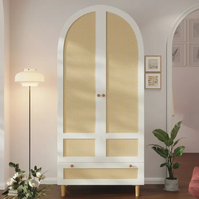 VVBV Kledingkast 80x50x180 cm – Opbergruimte en Lades – Rotan – Massief Hout – Voor Slaapkamer – Voor Hal en Entree – Wit