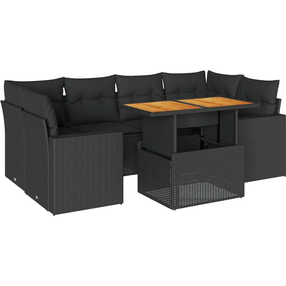 vidaXL 7-delige Loungeset met kussens poly rattan zwart, foto 3