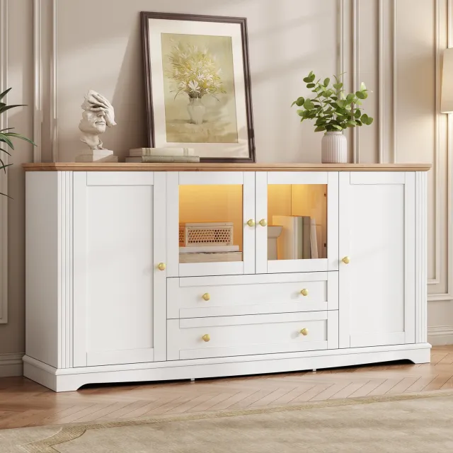 REDOM Dressoir 160x40x80,5 cm - 4 deuren en 2 lades - Glazen deuren en LED met app-bediening - Wit