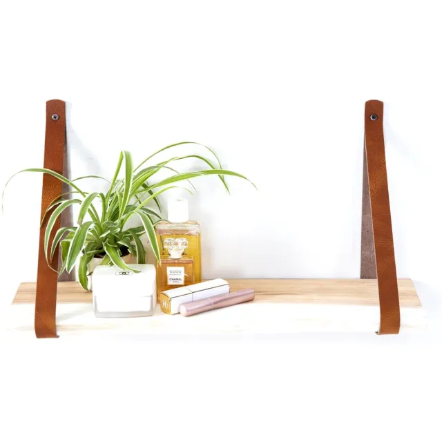 Tall Men Standing Houten Wandplank 60 cm | incl. Bruine leren banden | Live Edge | Unieke vorm, kleur en uitstraling