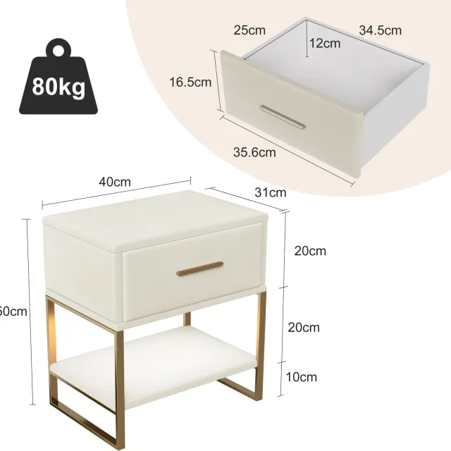 ROSAHQNDA Nachtkastje (2 stuks) - Eén lade - Gestoffeerde ladekast / Nachtkastje voor in de slaapkamer - Fluwelen stof - Beige