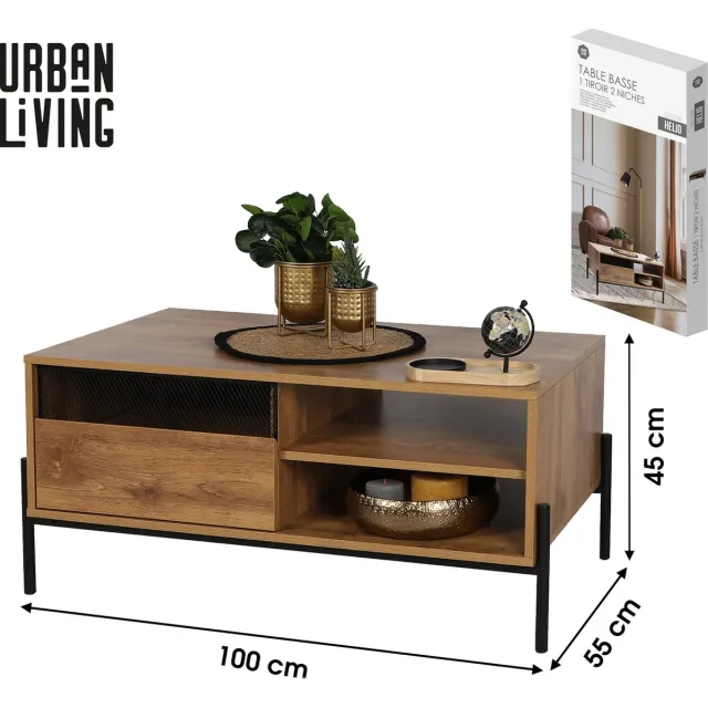 Urban Living SALONTAFEL MET 1 LADE EN 2 NISJES METALEN POTEN 100X55XH45CM brown