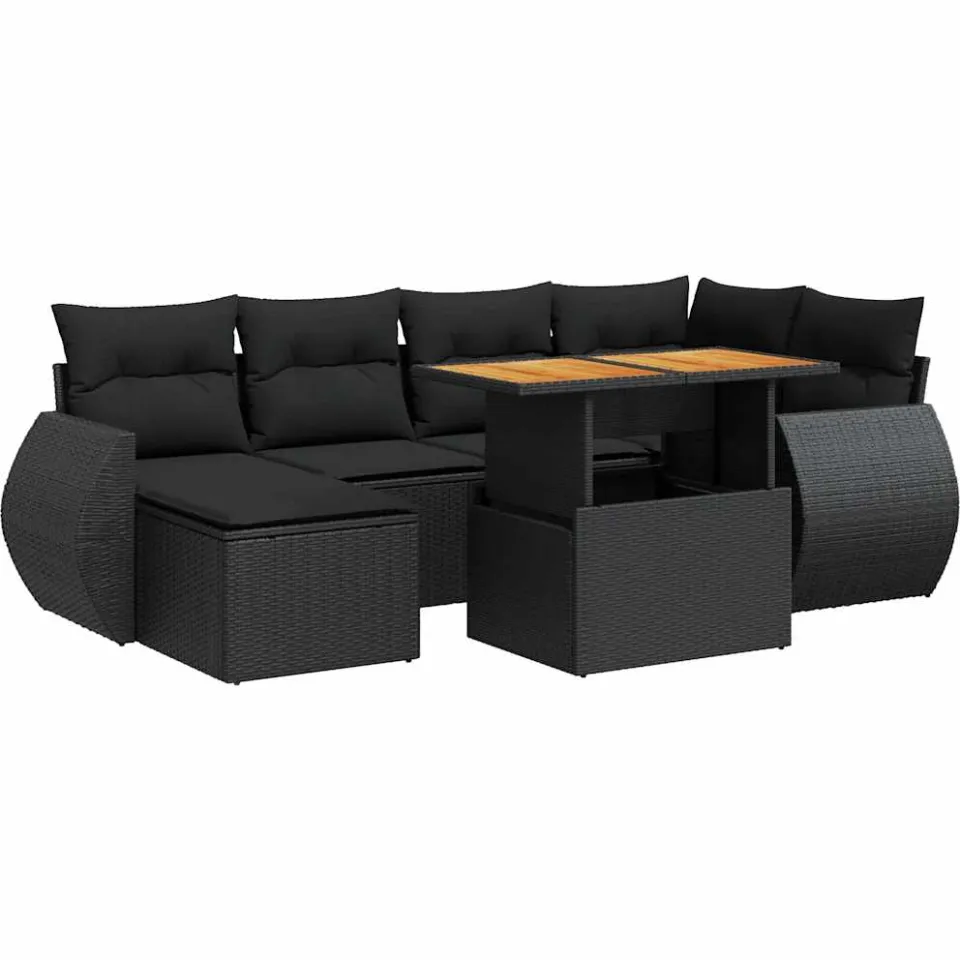 vidaXL 7-delige Loungeset met kussens poly rattan zwart, foto 3