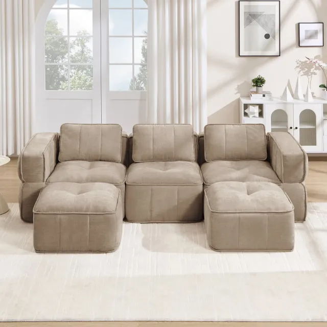 STILVORA U-Bank 271 x 162 x 67 cm - Modulaire 3-Zits Met 2 Hockers En Diepe Zit - Voor Woonkamer - Polyester - Sand