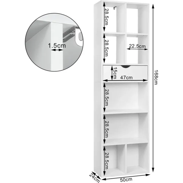 Bolt Edge Open Boekenkast - 9 Vakken - 1 Lade - Wit - Houten Boekenkast - 50 x 24 x 168cm
