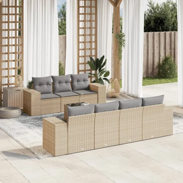 vidaXL 8-delige Loungeset met kussens poly rattan beige, foto 2