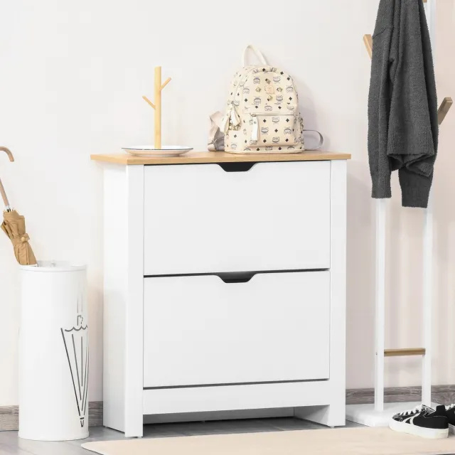 MEUNIQ Schoenenkast 72 x 26 x 80 cm met 2 klappen voor 12 paar schoenen, ruimtebesparende opbergkast voor hal of entree met bovenblad, wit en naturel