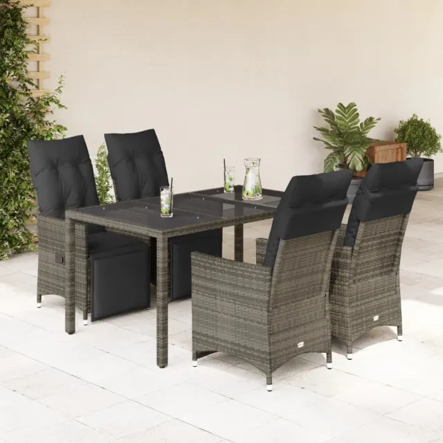 vidaXL 5-delige Bistroset met kussens poly rattan grijs, foto 2