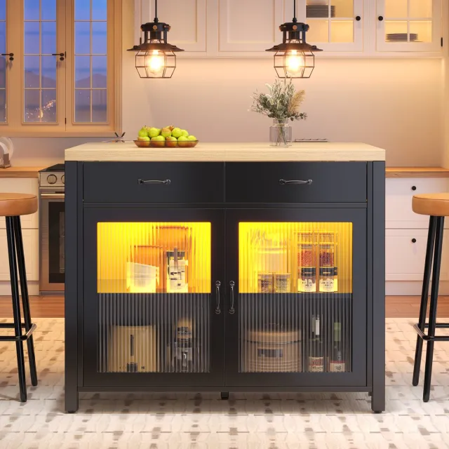DESMIU Bartafel - Keukeneiland Met Ledlichtstrip En Opbergruimte - Voor Keuken, Eetkamer En Woonkamer - MDF En Glas - 100x80x90 Cm - Zwart