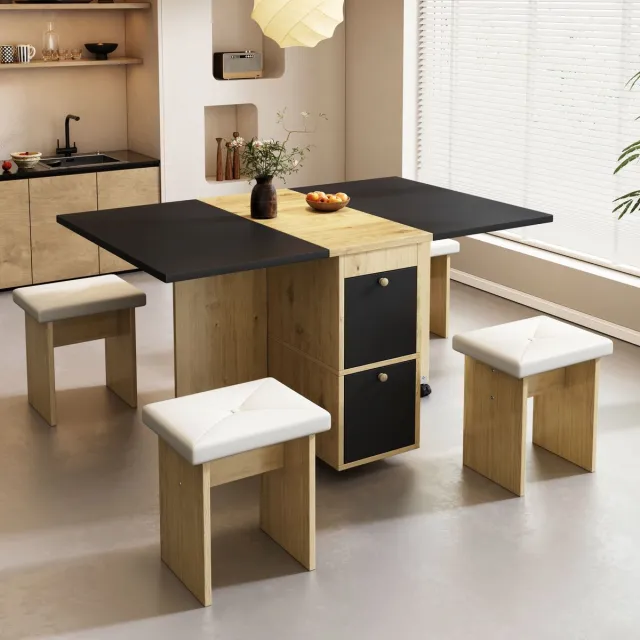 OKWISH Eettafelset – Opvouwbare Versenkbare Eettafel Met 4 Stoelen – Multifunctioneel Als Eettafel En Werkplek – Ruimtebesparend En Gemakkelijk Schoon Te Maken – Wit+Zwart – Spaanplaat
