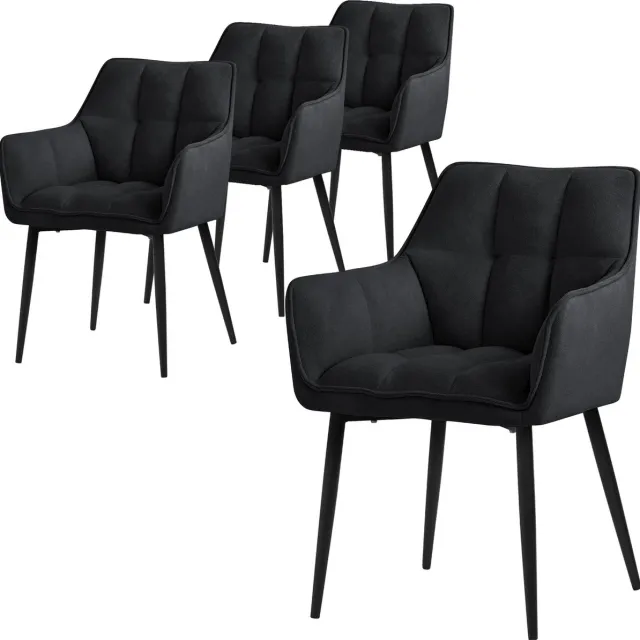 ml-design eetkamerstoelen set van 4 gemaakt van badstof, zwart, keukenstoel met dikke gestoffeerde zitting & metalen poten, woonkamerstoel met rugleuning en armleuningen, ergonomische loungestoel