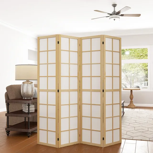 MIVRAY Kamerscherm – Opvouwbare Privacyverdeler – 160 x 170 cm – Hout en Stof – Naturel – Voor Woonkamer en Kantoor – Vier Panelen Natuurlijk hout