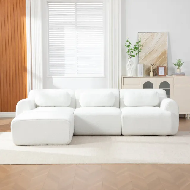 MEUNIQ Modulaire hoekbank 3-zits 271 x 177 x 71 cm – chenille bank met liggedeelte, antislipbodem en 30D schuim, zonder montage, Ivoor