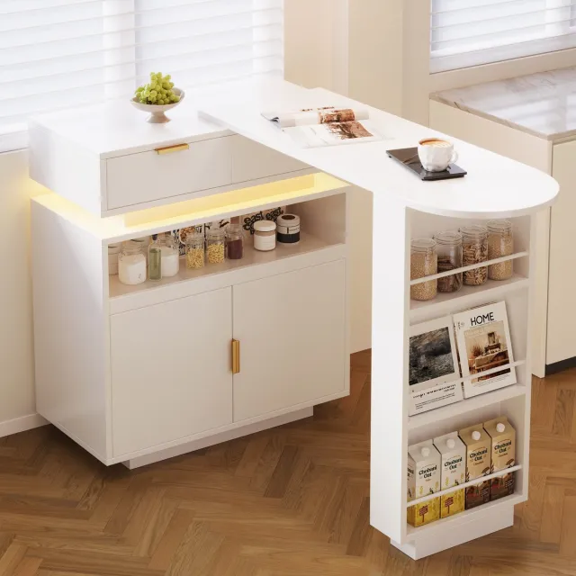 Sweiko Uitschuifbare bartafel - 115-183 × 40 × 99 cm - Keukeneiland - Opbergruimte - LED-verlichting - 360° draaibaar - Wit