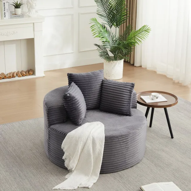 MIVRAY Fauteuil Rond 110 Cm - Loungestoel Met 3 Sierkussens En Brede Armleuningen - Voor Woonkamer, Slaapkamer En Speelkamer - Cord Grijs