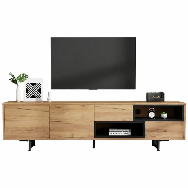 Welltin Tv-meubel - 2 Kastdeuren en 2 Lades - 2 Open Vakken - Kabeldoorvoer - Voor Tv tot 70 Inch - 173 x 38 x 48 cm - Houtkleur Houttint