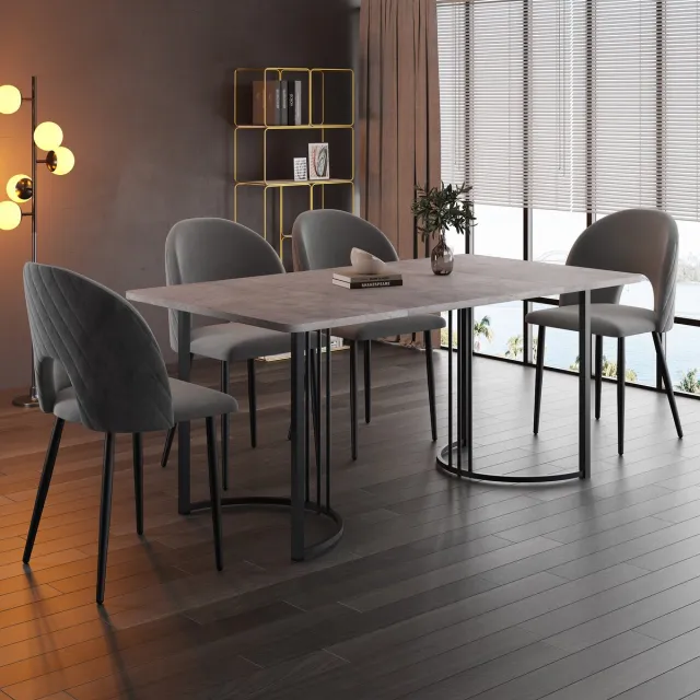 FloraGrace Eethoek 140 x 80 cm - Eettafel met 4 Eetkamerstoelen - Marmerlook en Verstelbare Poten - Fluweel - Grijs Grijs + Zwart