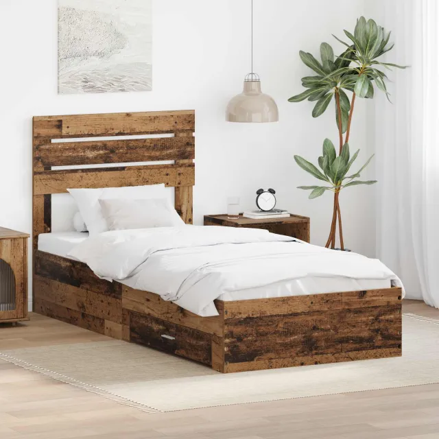 vidaXL Bedframe met lade met opslag Oudhout 90 x 200 cm Bewerkt hout Bruin
