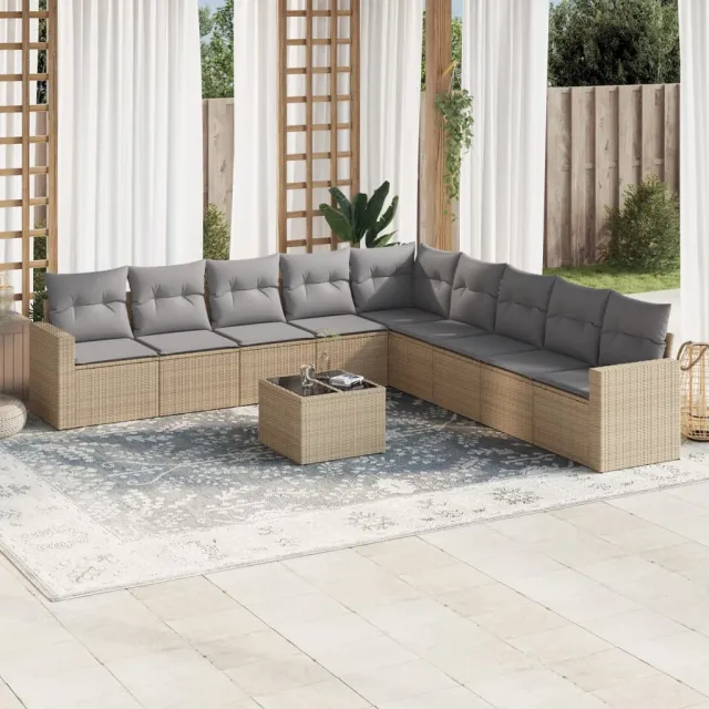 vidaXL 10-delige Loungeset met kussens poly rattan beige, foto 2