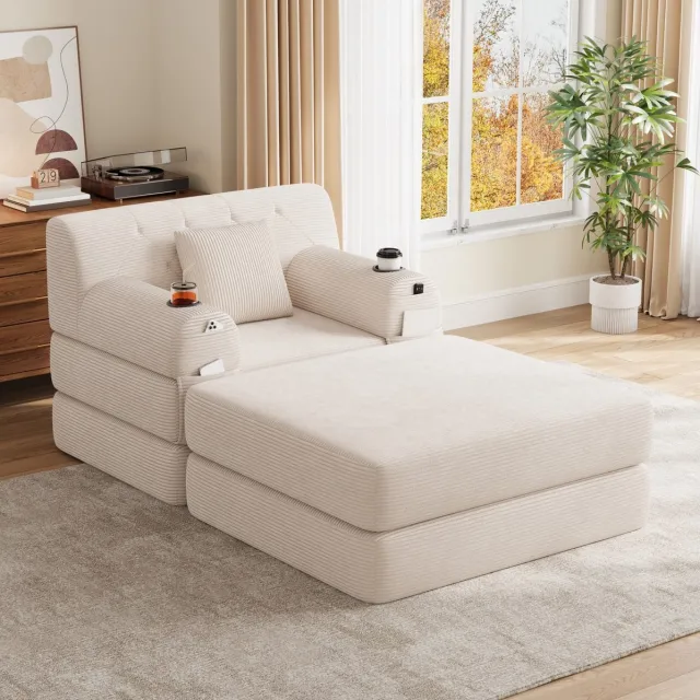 MODFU Slaapbank - 1-Zits - Corduroy - Beige - Met Slaapfunctie - Hoge Rugleuning