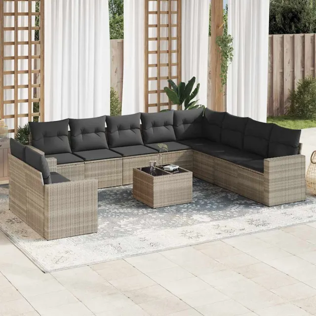 vidaXL 11-delige Loungeset met kussens poly rattan lichtgrijs grijs, foto 2