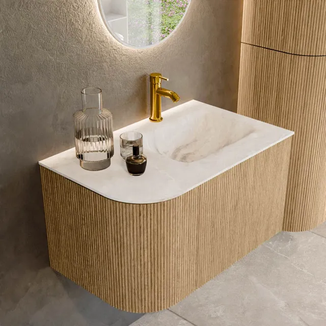 Mondiaz KURVE-DLUX 75 cm Onderkast Greeploos 1 Lade Met Deuren Oak, Wastafel Solid Surface Rechts Frappe 1 Kraangat Zonder Spiegel (KRVGRU75L1L1D1KR-Oak/Fra)