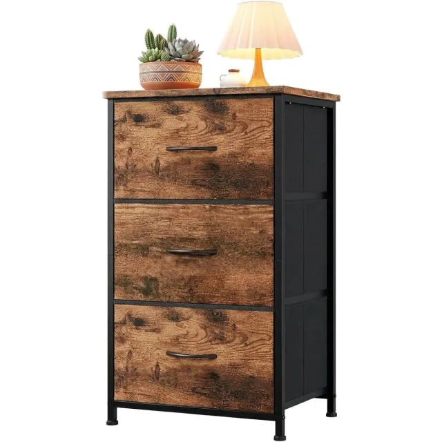 HOERFURIY Moderne Ladekast met 3 Stoffen Laden - Compacte Commode met Houten Bovenblad - Nachtkastje voor Slaapkamer, Woonkamer & Hal - bruin - 75 cm Hoog