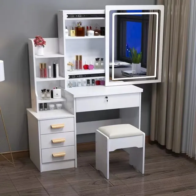 learnlogic Kaptafel en make-upmeubelset bestaande uit een stoel een high-definition spiegel een spiegel met verlichting en een kaptafel met lades Gemaakt van bewerkt hout geschikt voor thuisgebruik of in een make-upstudio Wit Afmetingen 80*36*125 cm