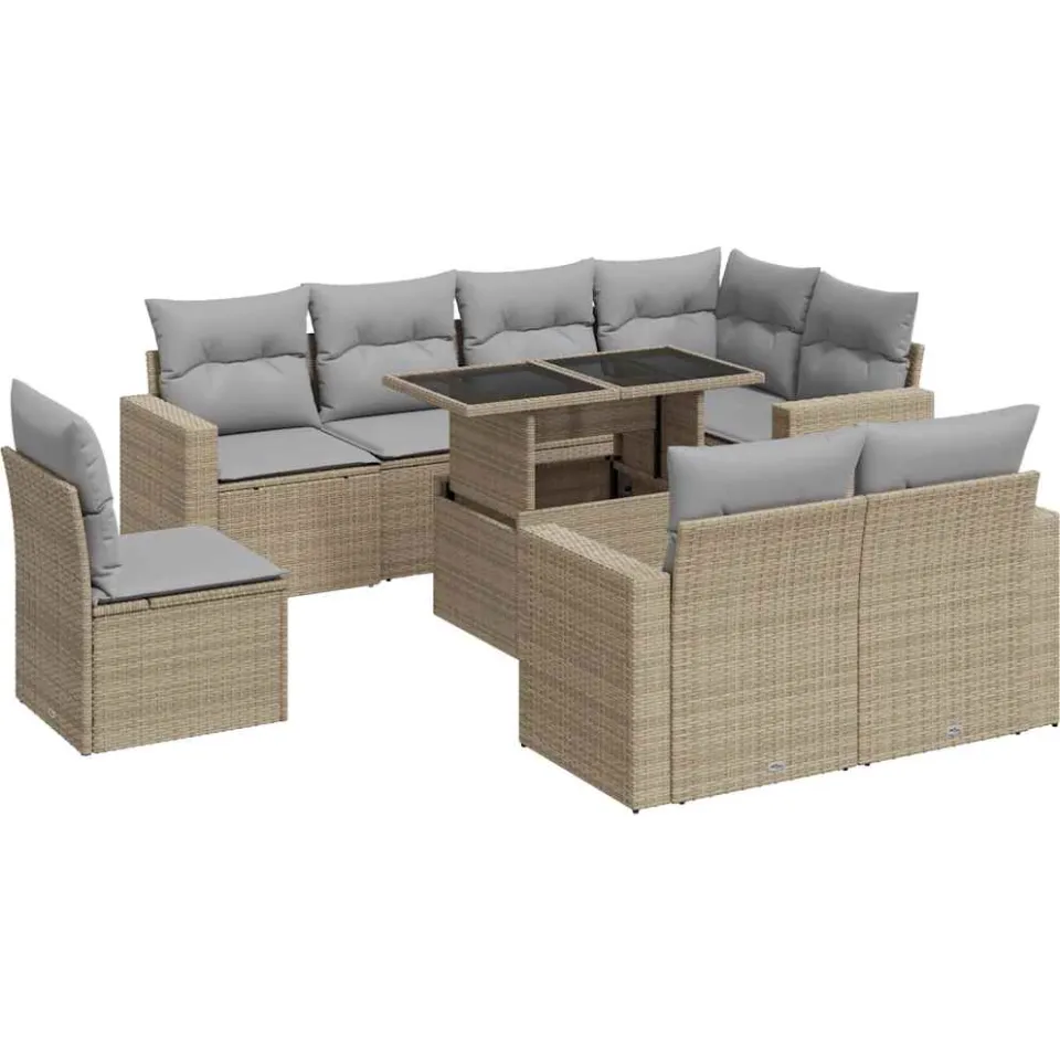 vidaXL 9-delige Loungeset met kussens poly rattan beige, foto 3