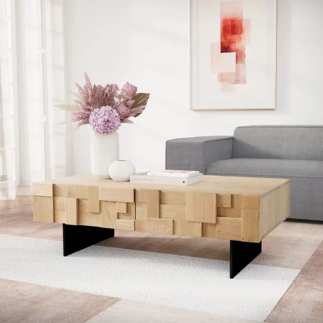 DELIFE Bijzettafel Puzzle natuur eik 120 cm 4 laden Onderstel zwevend metaal zwart Salontafel natur