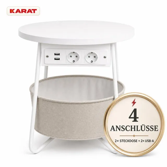 Floordirekt Bijzettafel Dario - Ronde Tafel met 2 Stopcontacten, 2 USB-A-poorten en Opbergmand - Ø 45 x 50 cm - Wit
