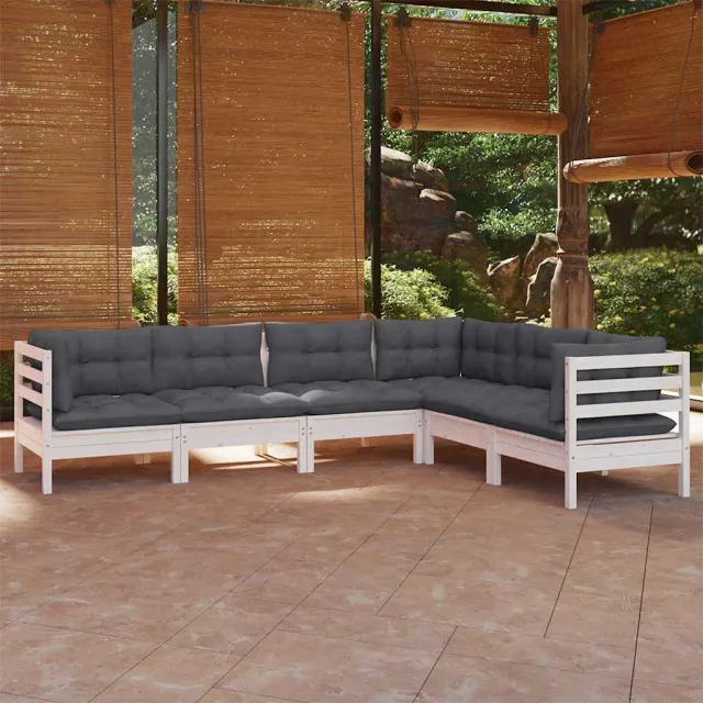 vidaXL 6-delige Loungeset met kussens massief grenenhout wit, foto 2