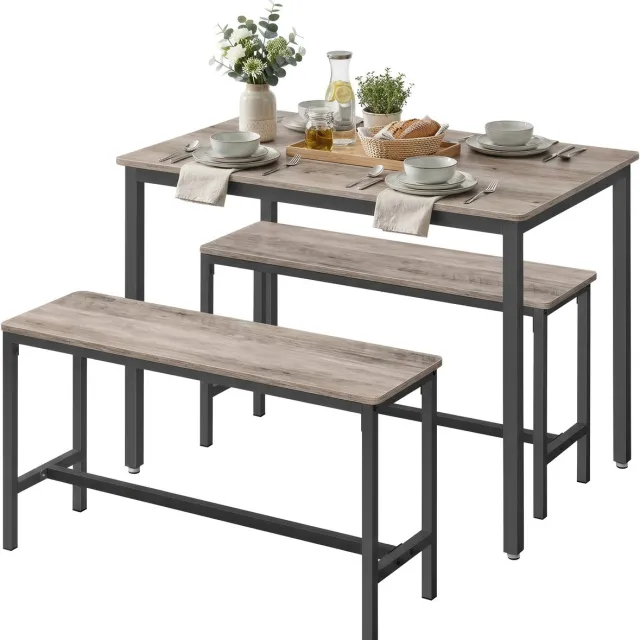 Vasagle Eetset - Eettafel met Stoelen - Eettafel met 2 Banken - Industrieel Design - Stalen Frame Greige-Zwart