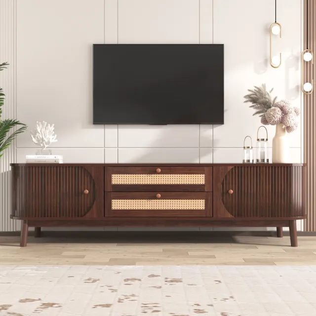 Solvenrik Rotan TV-meubel 170 cm Eiken – Houten TV-kast met Opbergruimte Okkernoot + Natural