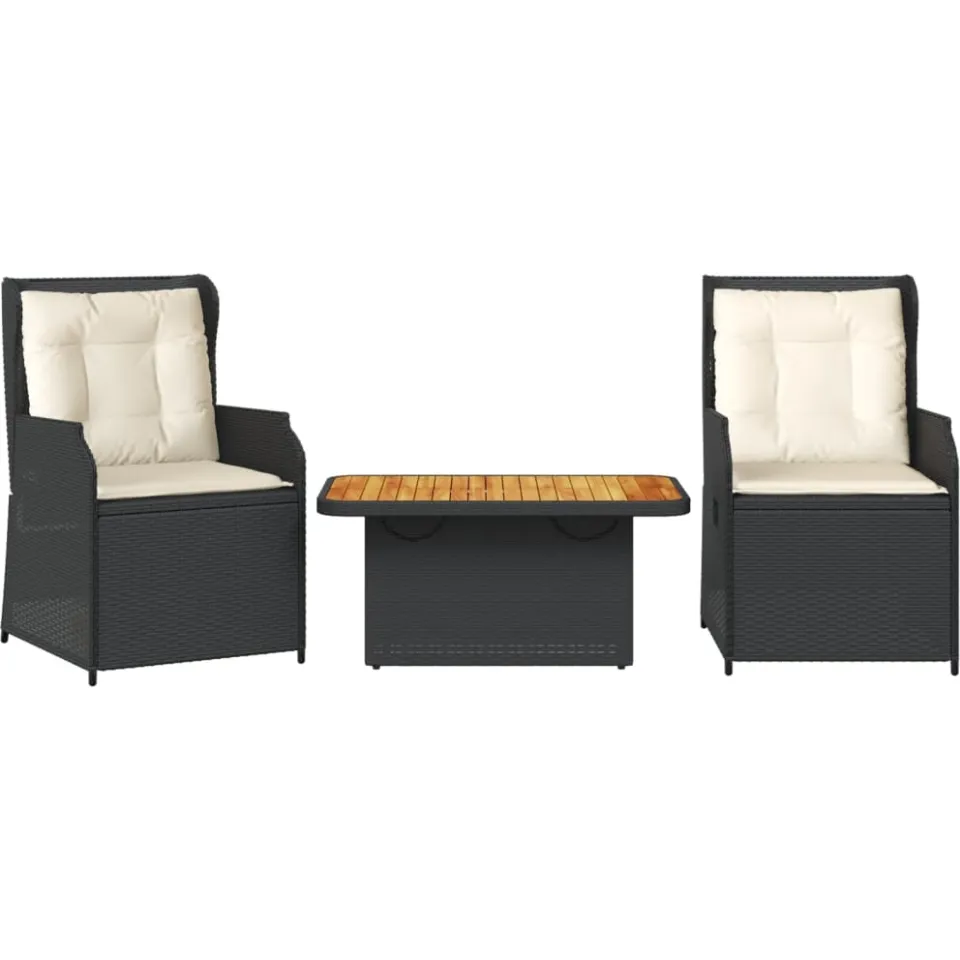 vidaXL 3-delige Loungeset met kussens poly rattan zwart, foto 3