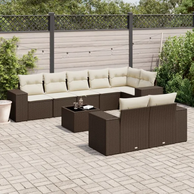 vidaXL 9-delige Loungeset met kussens poly rattan bruin, foto 2