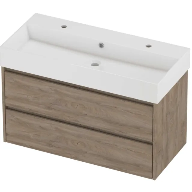 Proline Zara Badmeubelset Porselein Loft 2 Kraangaten Symmetrisch 100x46x65 cm Glans Wit Raw Oak Eiken