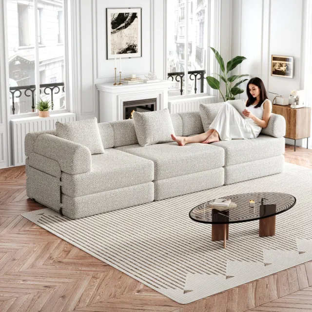 FloraGrace Slaapbank 3-Zits – 2-in-1 Met Opbergvak In Armleuning En Stevige Staalconstructie – Modulair Voor Woonkamer – Chenille – Khaki