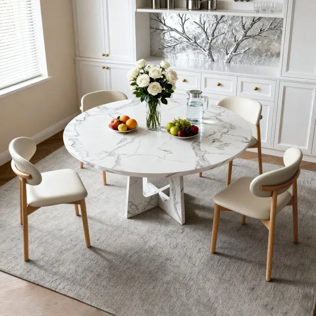 MIVRAY Set Tafel En Stoelen - Ronde Eettafel 120 Cm Met 4 Stoelen - Witte Marmerlook - Modern Voor Eetkamer En Woonruimte - MDF - Wit