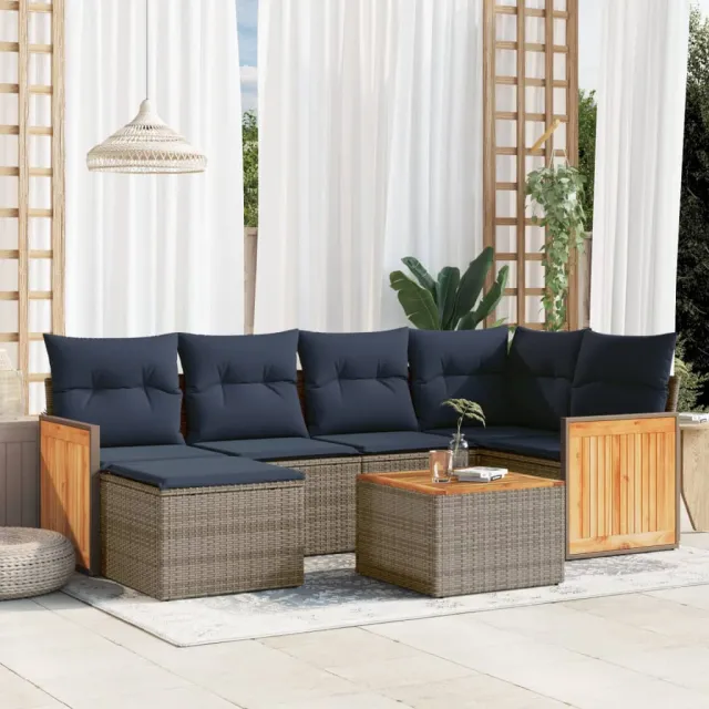vidaXL 7-delige Loungeset met kussens poly rattan grijs, foto 2