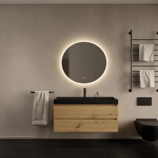 Gliss Design Badkamermeubelset Gliss Design Milan Met Lako Mat Zwart Wastafel 100 cm Artisan Oak Eiken