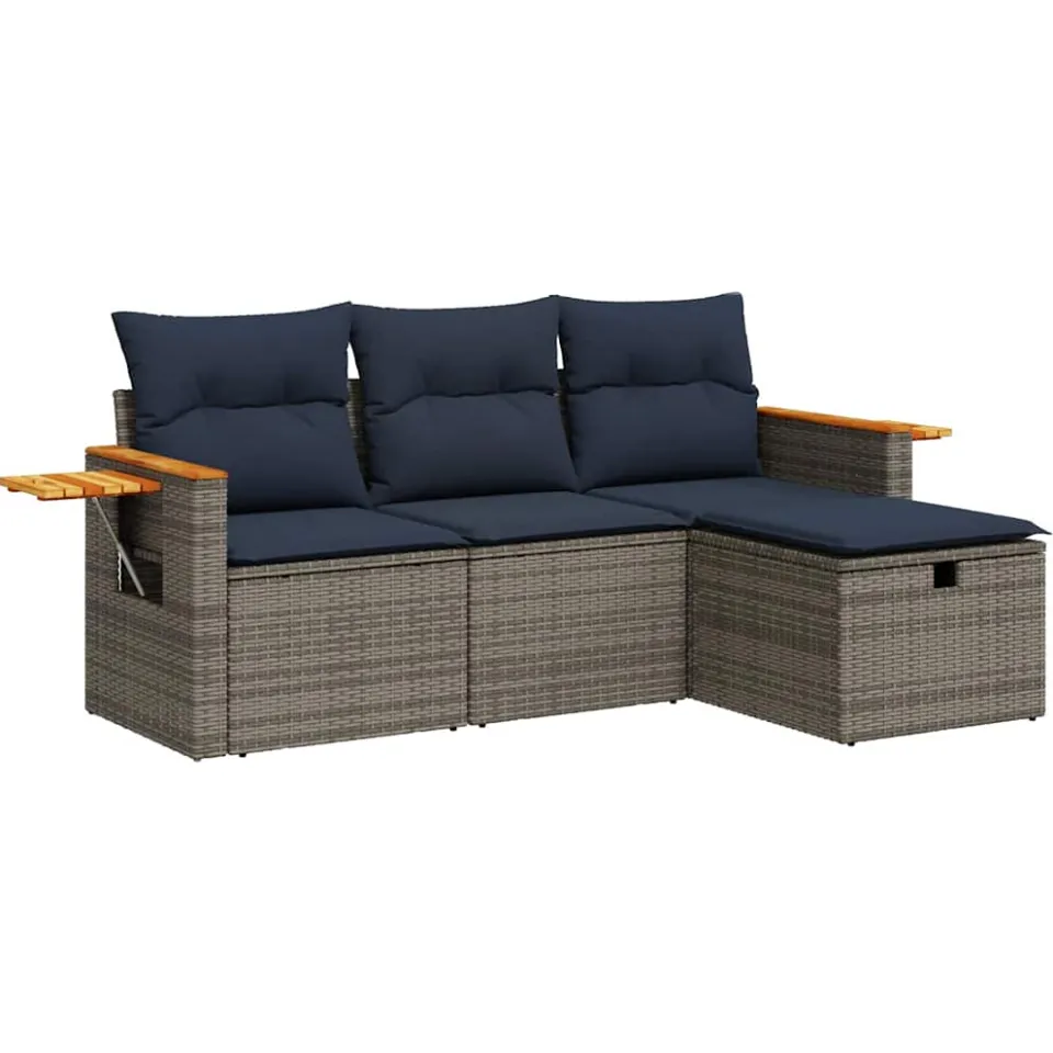 vidaXL 4-delige Loungeset met kussens poly rattan grijs, foto 3