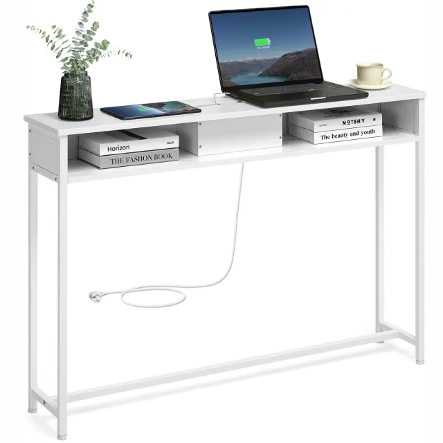 Vasagle Consoletafel - Haltafel - Console Tafel met Stopcontacten - 2 Vakken - Smal en Ruimtebesparend Wit