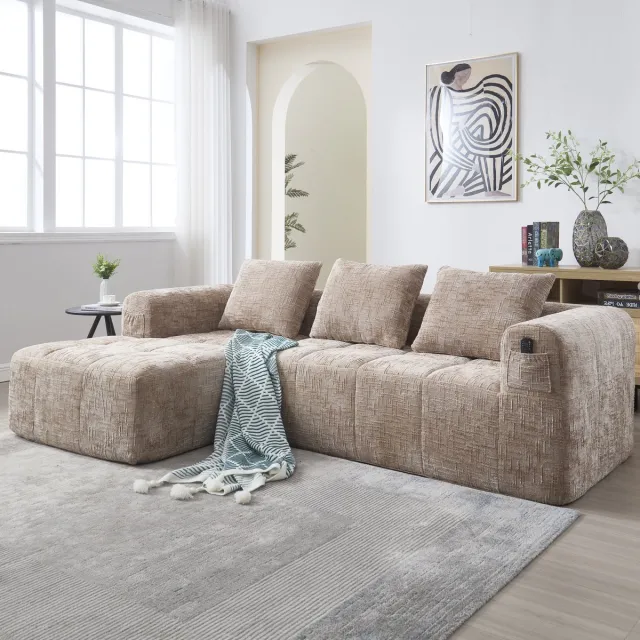 Zubaliya 3-zitsbank, Moderne Hoekbank, L-vormige Bank, geen Montage Nodig, Chenille Bank met Chaise Longue en Armleuningen, 3 Kussens, Zijvak voor Afstandsbediening, khaki