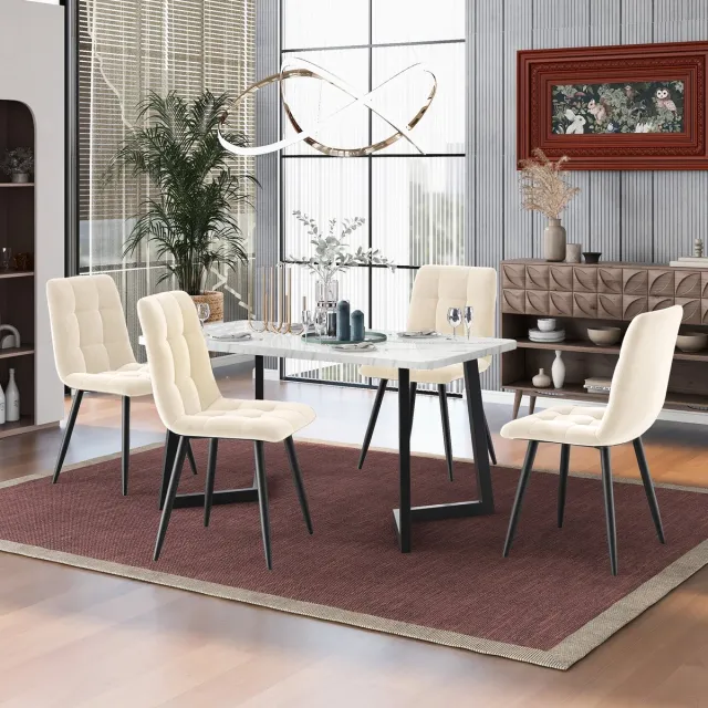 DESMIU Eetkamerstoel Set Van 4 - Gestikt Patroon - Comfortabele Velvet Eetstoelen Met Metalen Poten - Voor Eetkamer, Keuken En Woonkamer - Antique White