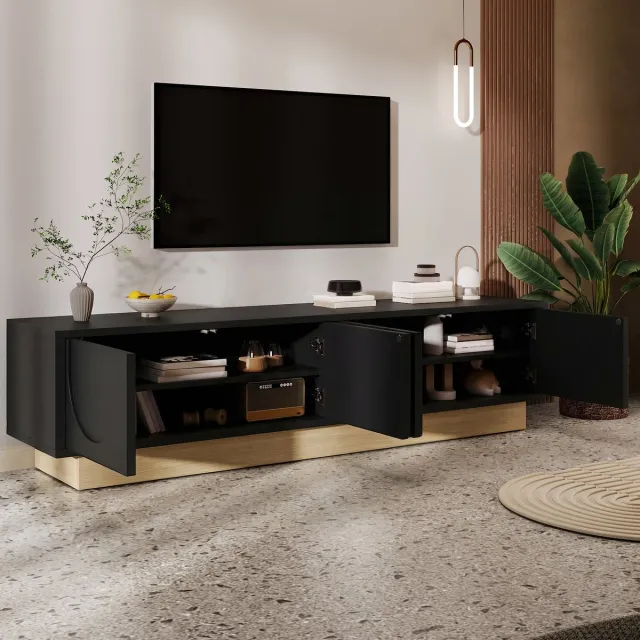 REDOM Tv-Meubel - Kabelbeheer En Greeploos - Minimalistisch - Woonkamer - MDF - Zwart Met Houtlook - 175 X 40 X 41,5 Cm